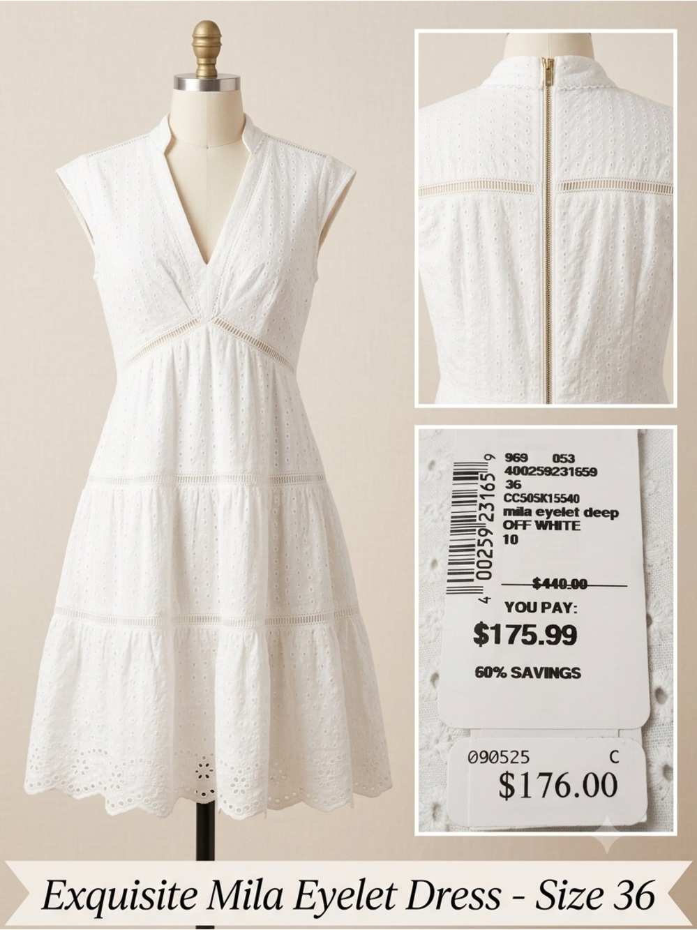 NWT Alice + Olivia Cream Eyelet V-Neck Cap Sleeve Dress- size 10